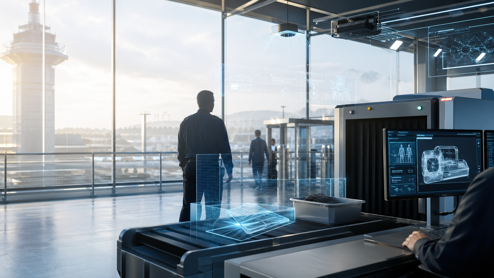 Modern AI-assisted security screening checkpoint with digital detection overlays